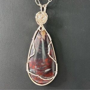 HAND CRAFTED Red Jasper Wire Wrapped Cabochon 72mm Teardrop NECKLACE NWT